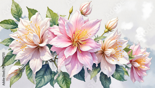 a painting of a bouquet of pink lilies against a white background