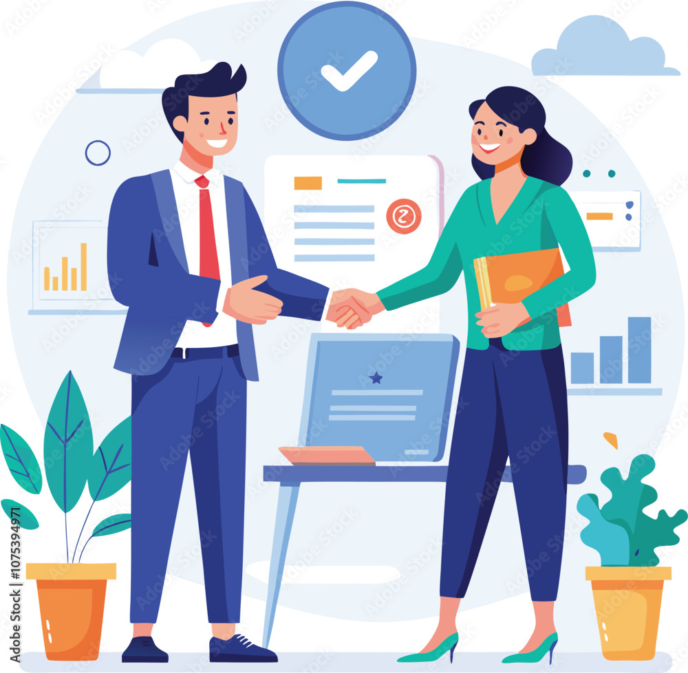 People shaking hands at work - Two businesspeople, man and woman doing handshake in office at work while smiling over business agreement and deal. Flat design stock illustration on white background People shaking hands at work - Two businesspeople, man and woman doing handshake in office at work while smiling over business agreement and deal. Flat design stock illustration on white background