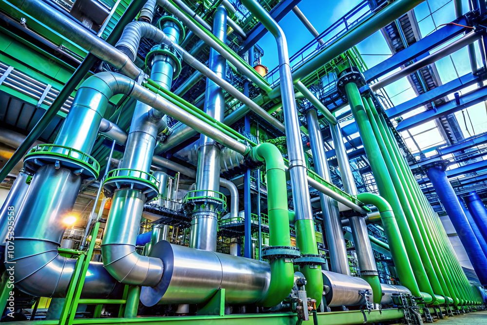 A vibrant assembly of industrial pipes in green and silver hues, showcasing complex engineering and bright architectural design. A vibrant assembly of industrial pipes in green and silver hues, showcasing complex engineering and bright architectural design.