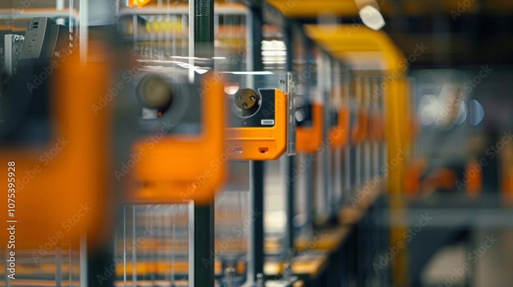 Orange sensors are checking the quality of production in a modern factory, they are glowing, indicating that everything is working properly Orange sensors are checking the quality of production in a modern factory, they are glowing, indicating that everything is working properly