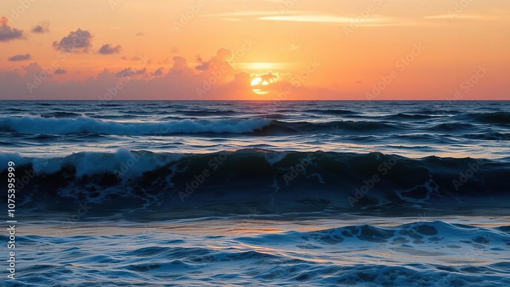 Naklejka premium A majestic sunset unfolds above the rolling waves of the open ocean, with the sun's rays dancing across the water's surface, horizon, stunning