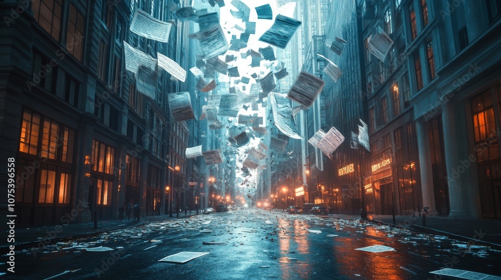 Obraz premium Papers Floating in a Wet City Street at Night
