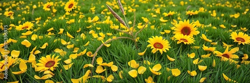 Yellow petals of sunflowers scattered across a bright green grassy field with some tall stalks in the middle, summervibes, yellowflowers photo