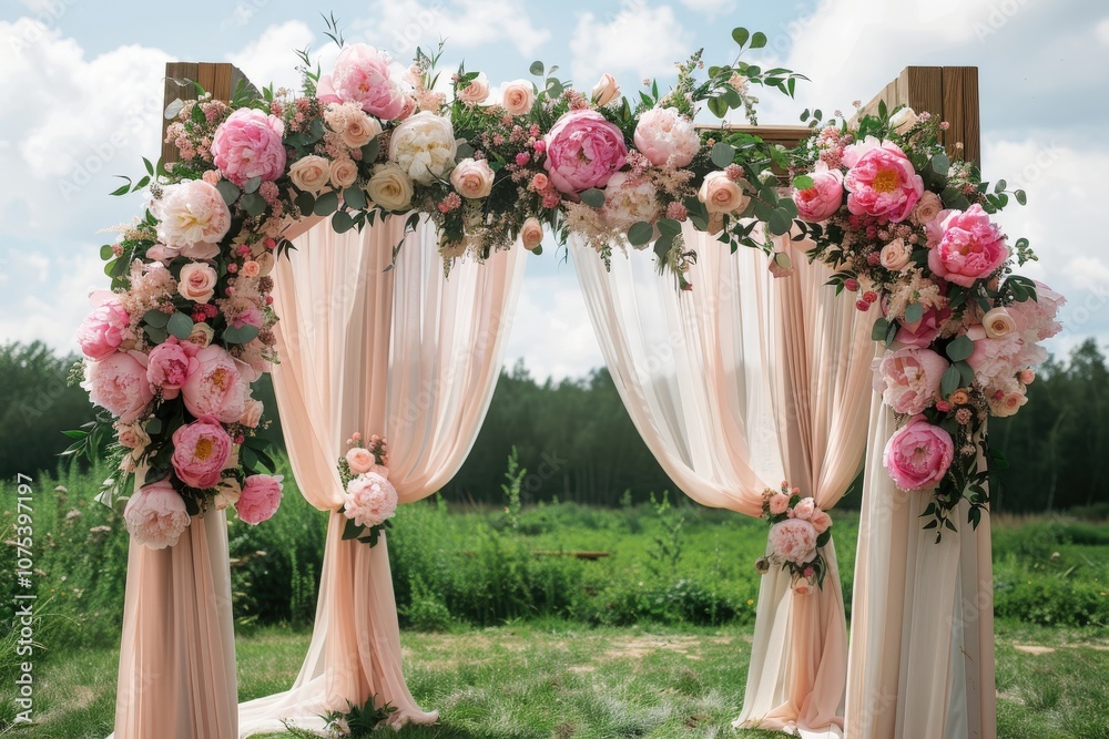 Floral Archway with Peach Curtains for an Outdoor Wedding Ceremony
