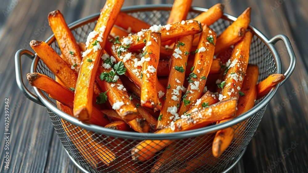 A metal mesh basket filled with a generous serving of crispy sweet potato fries, topped with fresh herbs and a sprinkle of parmesan cheese, snack, delicious, kitchen A metal mesh basket filled with a generous serving of crispy sweet potato fries, topped with fresh herbs and a sprinkle of parmesan cheese, snack, delicious, kitchen