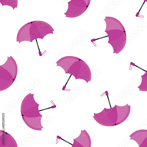 Seamless pattern with pink open umbrellas on white background, symbolizing rain protection and weather protection