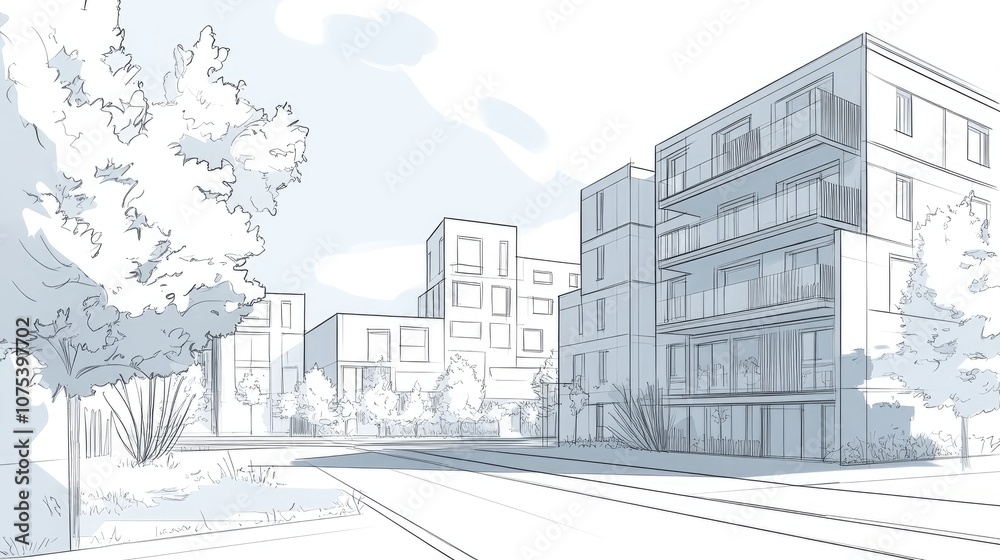 Line art illustration depicting an architectural concept in a 3D sketch format Line art illustration depicting an architectural concept in a 3D sketch format