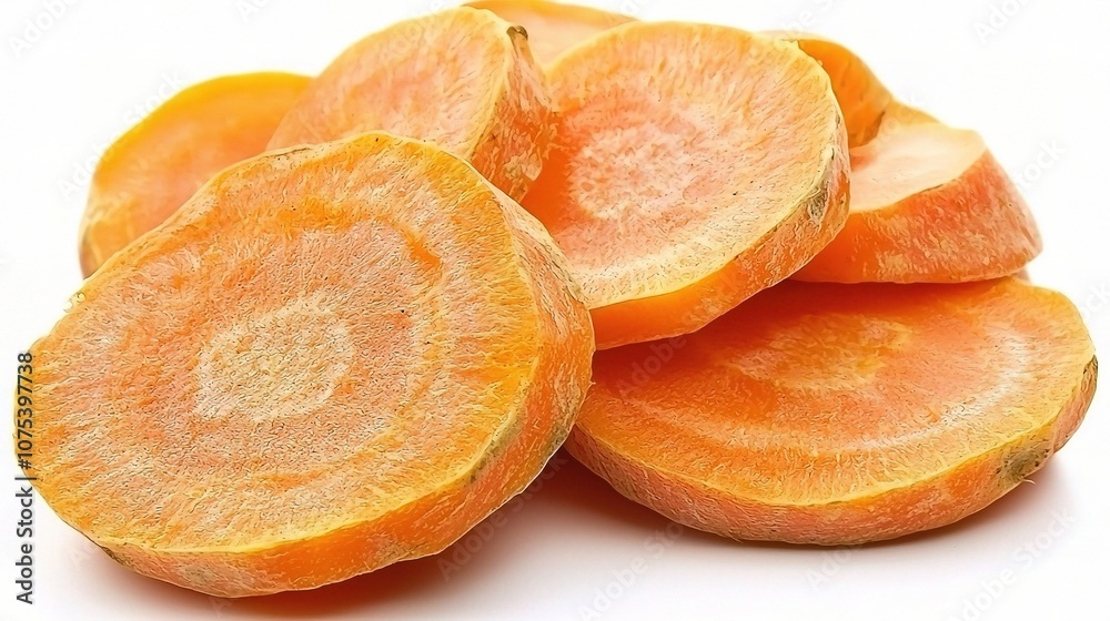 Freshly Sliced Carrots Isolated on White Background, Perfect for Healthy Recipes, Cooking Ideas, or Nutritional Illustrations, Fresh Vegetable Close-Up Showcase Freshly Sliced Carrots Isolated on White Background, Perfect for Healthy Recipes, Cooking Ideas, or Nutritional Illustrations, Fresh Vegetable Close-Up Showcase