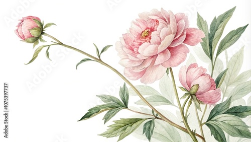 delicate watercolor peony with slender stems and leaves, spring blooms, natural beauty