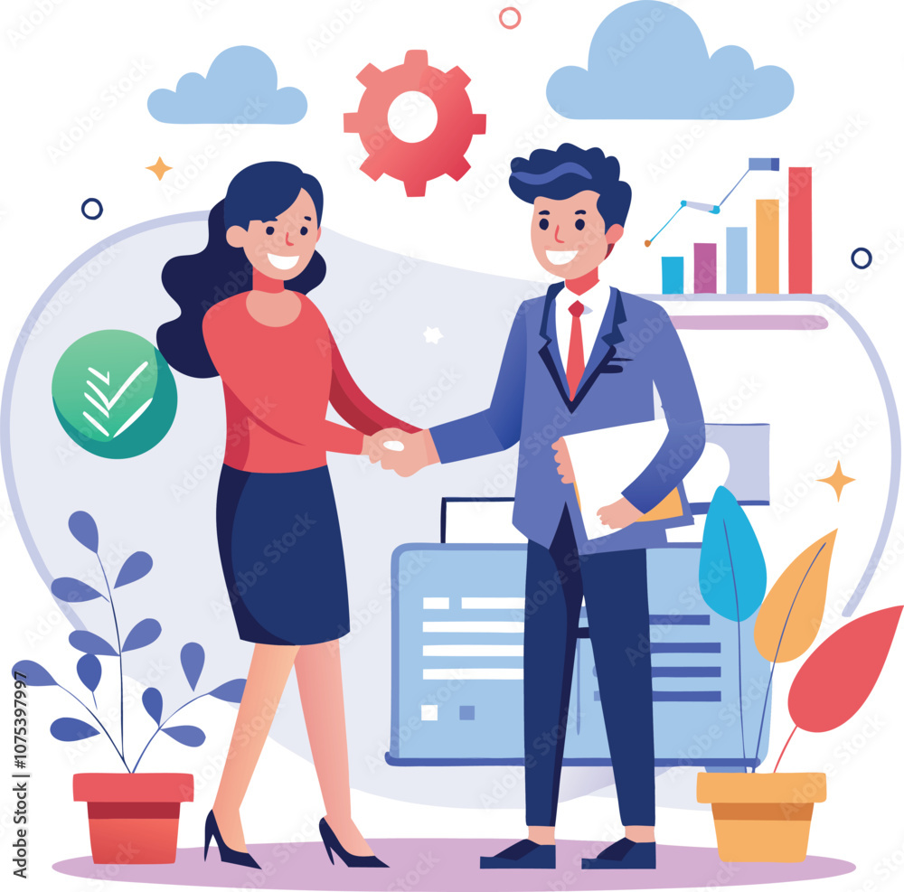 People shaking hands at work - Two businesspeople, man and woman doing handshake in office at work while smiling over business agreement and deal. Flat design stock illustration on white background People shaking hands at work - Two businesspeople, man and woman doing handshake in office at work while smiling over business agreement and deal. Flat design stock illustration on white background