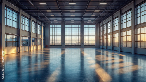 Spacious, empty industrial warehouse with large windows at sunset