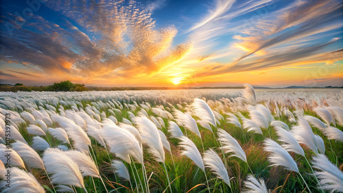 serene kashful field in bloom – kans grass landscape under a wide sky photo