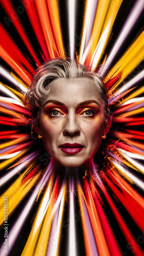 A captivating cinematic portrait of a dazzling background inspired by an optical illusion. The vibrant palette includes red, yellow,purple, white and black, creating a sense of movement and energy