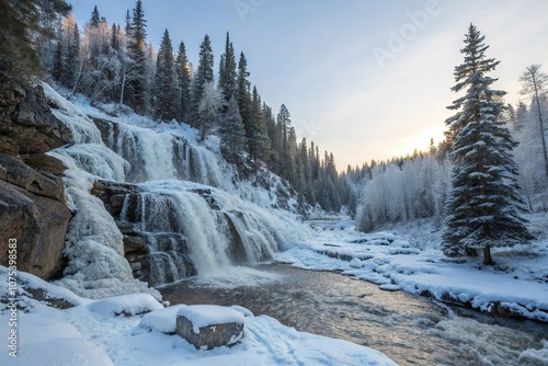 Frosted waterfalls cascade down a rocky slope in the midst of an arctic forest, frozen waterfalls, icy cascades, snow covered trees