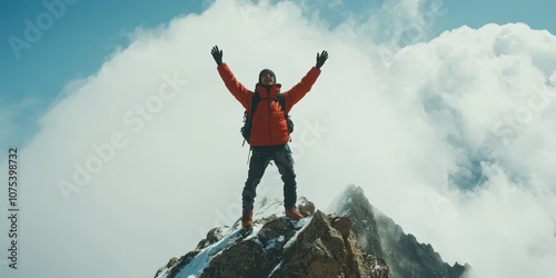 Successful hiker on a high mountain peak, celebrating achievement and freedom. photo