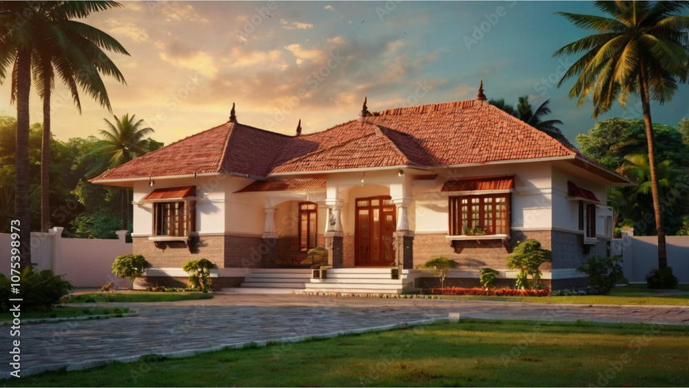 Entrance view of a Beautiful Brick Roof House in India with a lovely lawn & Coconut trees around, sun setting in the background giving a feast to the viewers eyes Entrance view of a Beautiful Brick Roof House in India with a lovely lawn & Coconut trees around, sun setting in the background giving a feast to the viewers eyes