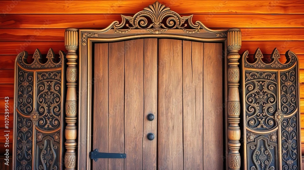 Old wooden gate with intricate carvings, set against a warm wooden background, rustic elegance, ornate details Old wooden gate with intricate carvings, set against a warm wooden background, rustic elegance, ornate details