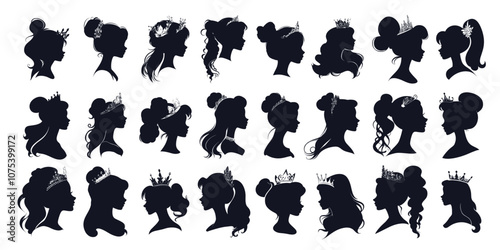 Princess profile silhouette. Woman head hair styles with crown, fairytale royal girl portrait with tiara set vector illustration