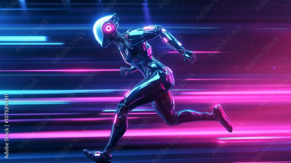 a futuristic robot running, neon lights a futuristic robot running, neon lights