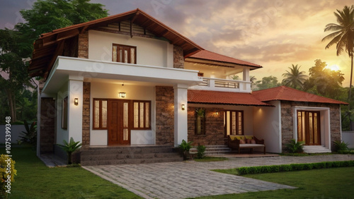 Entrance view of a Beautiful Brick Roof House in India with a lovely lawn & Coconut trees around, sun setting in the background giving a feast to the viewers eyes