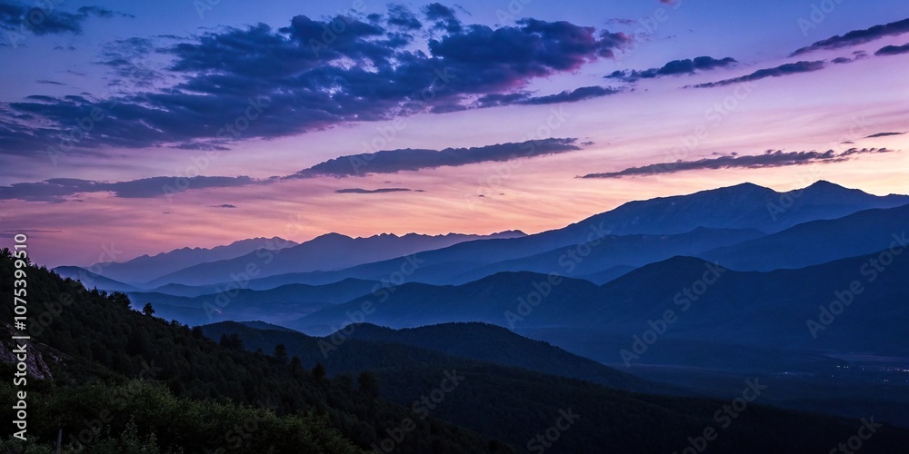 Fototapeta premium A dark purple blue gradient of the sky at sunset over a mountain range, bluedeviation, outdoorphotography, mountainskies, darkpurple, sunsets