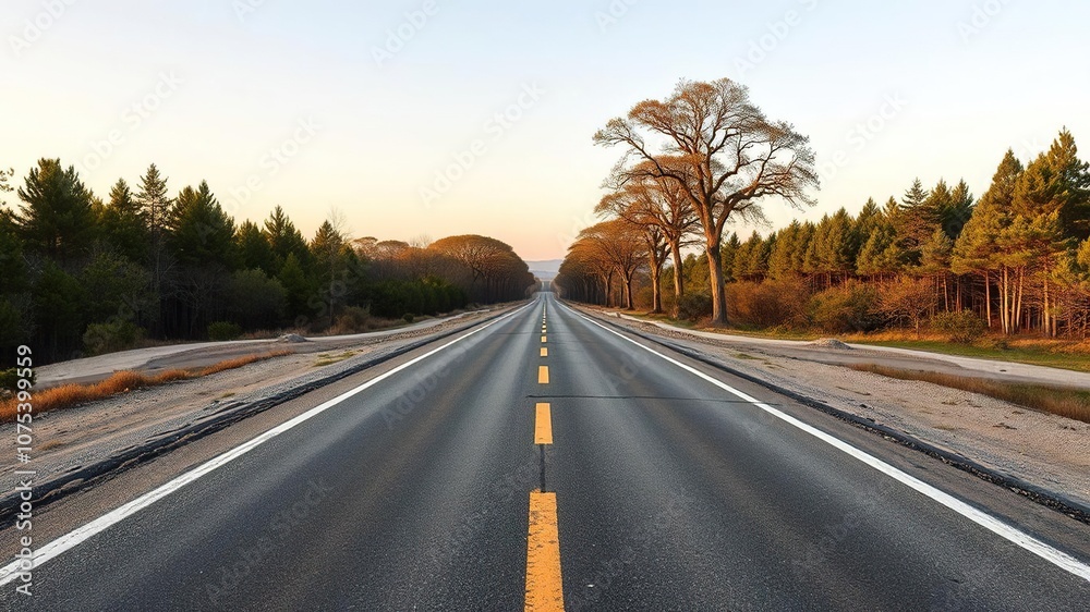 Fototapeta premium A forked road stretching into the distance with trees in both directions, branching, split