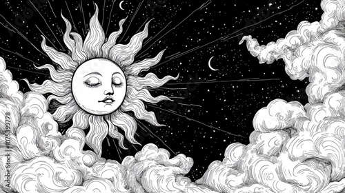 Line art illustration of the Sun card from a Tarot deck s major arcana photo