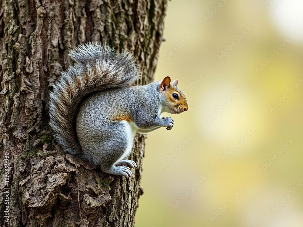 Eastern gray squirrel at the bottom of tree, furry, tree roots Eastern gray squirrel at the bottom of tree, furry, tree roots