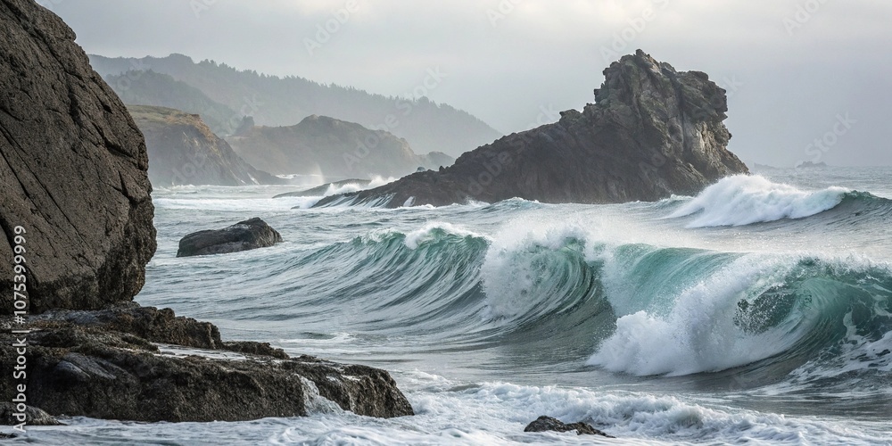 Fototapeta premium Elegant grey fluid waves on a rock formation, ocean rocks, wave erosion