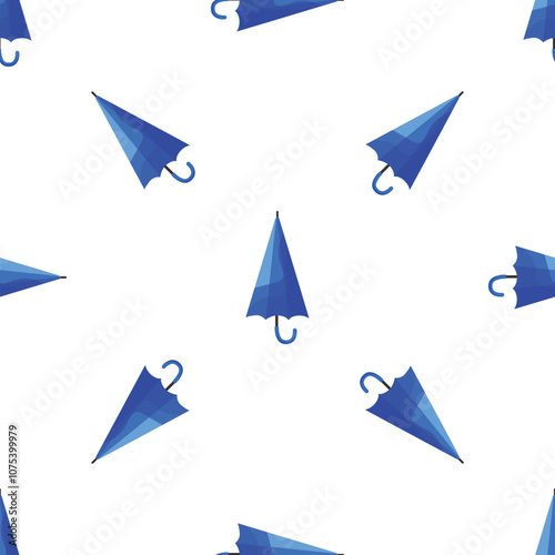 Stylish blue umbrellas repeating on white background creating a seamless pattern, ideal for rain related designs