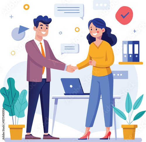 People shaking hands at work - Two businesspeople, man and woman doing handshake in office at work while smiling over business agreement and deal. Flat design stock illustration on white background