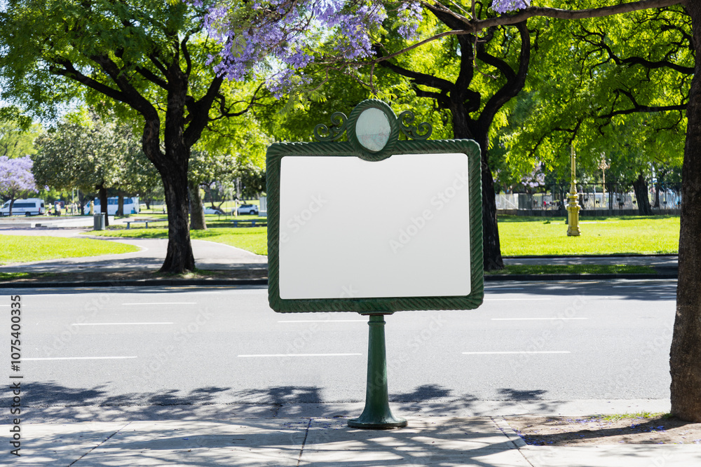 A historical blank billboard, on the street in Buenos Aires, Argentina, with jacaranda trees in the background during spring. Space for text for advertising signage ideas for mockup