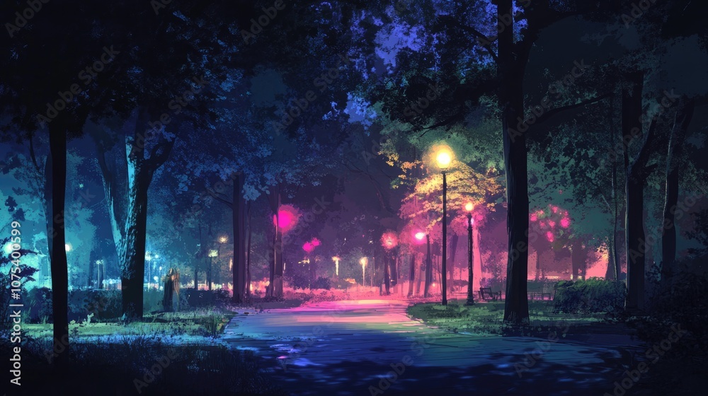 Line art illustration depicting a blurred image with vibrant colors from night lights capturing the ambiance of a dark park scene Line art illustration depicting a blurred image with vibrant colors from night lights capturing the ambiance of a dark park scene