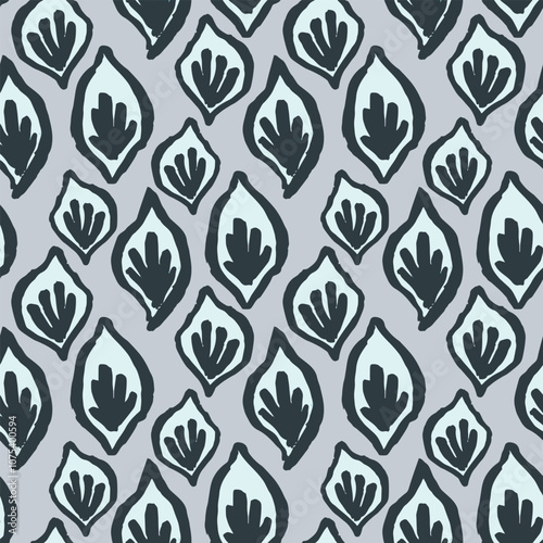 Seamless vector repeat pattern with abstract ogee oval shapes with corals or sea weed in soft gray and navy blue. Coastal, swim, artisan, universal backdrop with hand drawn shapes.