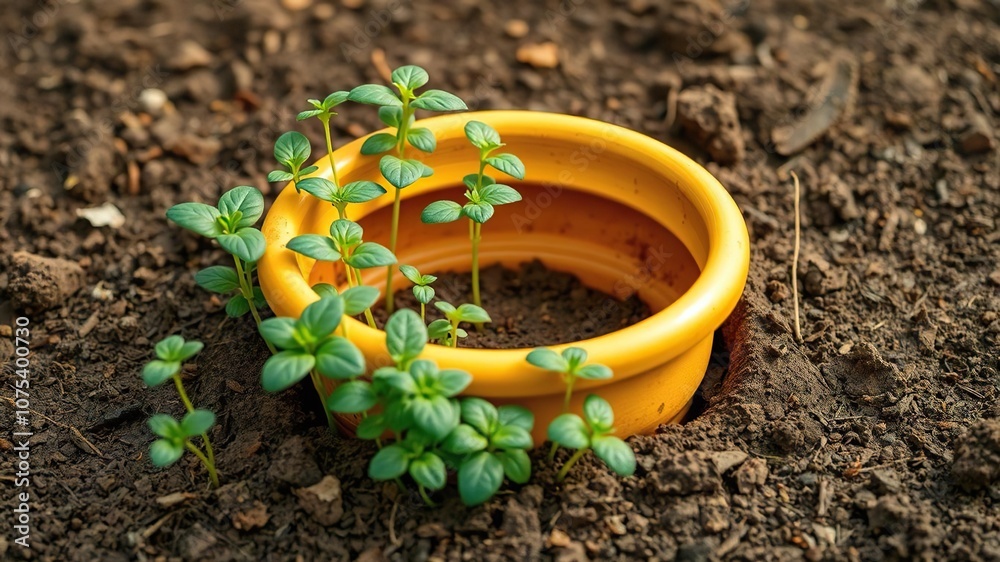 A sunny yellow terracotta basin, partially buried in the ground, surrounded by a cluster of young seedling plants growing out of the soil, yellow, container A sunny yellow terracotta basin, partially buried in the ground, surrounded by a cluster of young seedling plants growing out of the soil, yellow, container