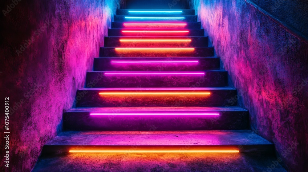 Concrete Staircase Illuminated with Neon Lights Concrete Staircase Illuminated with Neon Lights