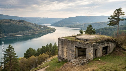 Crumbling reinforced concrete bunker situated on a hilltop overlooking a tranquil lake in a serene mountain valley, scenery, isolation, hilltop, valley, serenity