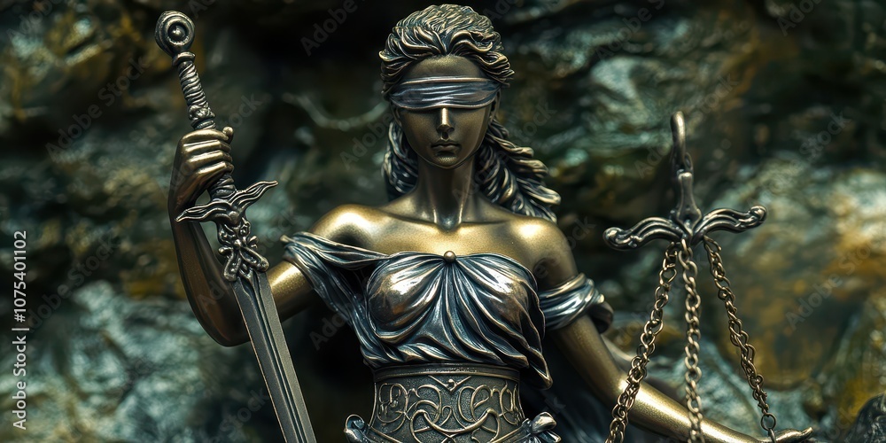 Fototapeta premium Statue of Lady Justice holding sword and scales, representing freedom, justice, and fairness.