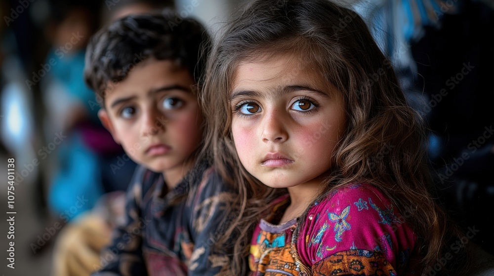 A close-up portrait of two children with striking, large eyes, conveying innocence and curiosity, set in a background that indicates an outdoor environment. A close-up portrait of two children with striking, large eyes, conveying innocence and curiosity, set in a background that indicates an outdoor environment.