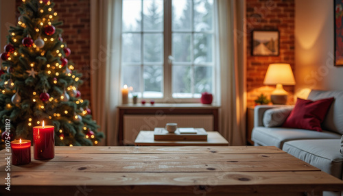 Cozy Christmas Living Room with Warm Lights and Candles photo