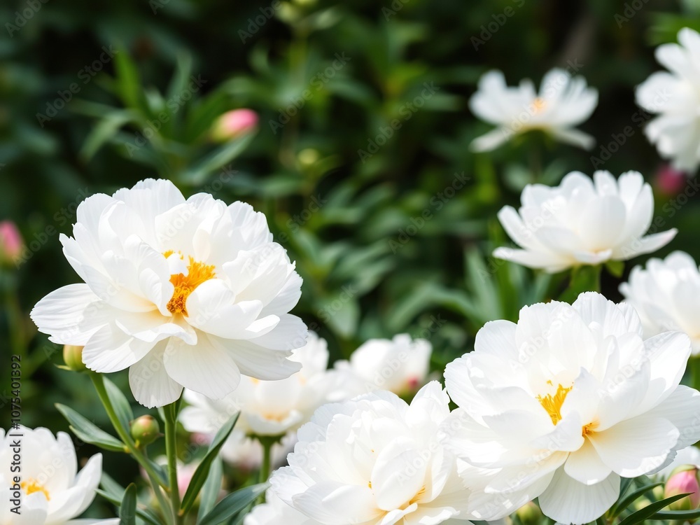 White peonies swaying gently in a watercolor-inspired garden, pastel color palette, lush foliage White peonies swaying gently in a watercolor-inspired garden, pastel color palette, lush foliage