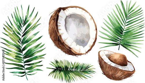 A set of watercolor coconut and palm leaves vector illustrations. Collection of isolates for labels, prints, banners. Watercolor illustration on white background. Summer fruit painting illustration