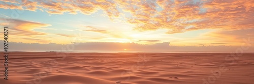 Warm golden light casts a serene glow on the vast expanse of sandy beach as the sky transforms into a kaleidoscope of hues before sunset, sea, landscape photography