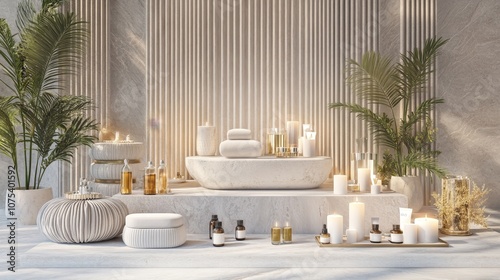 A serene spa setting with candle, plants, and wellness products for relaxation and self-care.