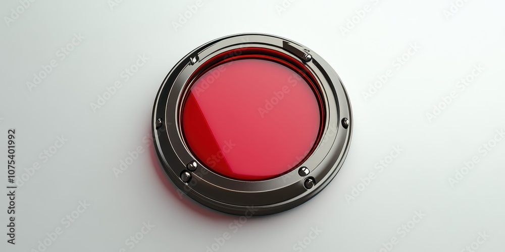 Red push button with metallic border on white background, isolated for emphasis. Red push button with metallic border on white background, isolated for emphasis.