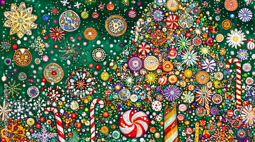 A vibrant holiday-themed illustration filled with colorful candies and festive decorations. photo