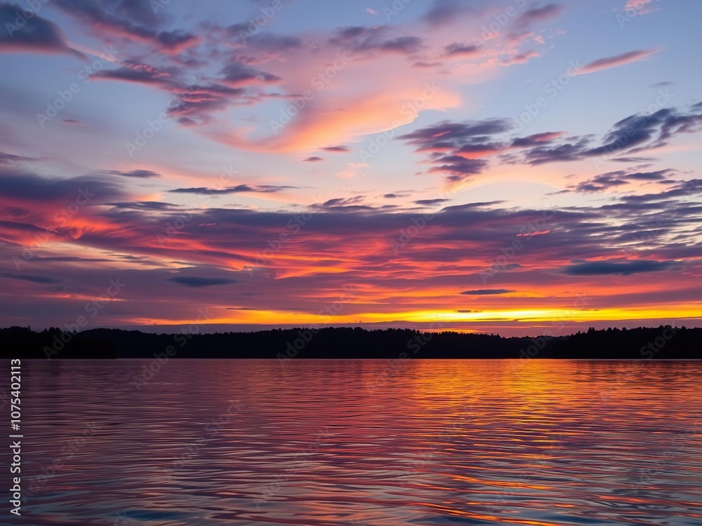 Obraz premium A shimmering expanse of colors and lights reflecting off the surface of a lake or river at dawn or dusk, like an ocean of shifting emotions, aquatic life, reflective surface