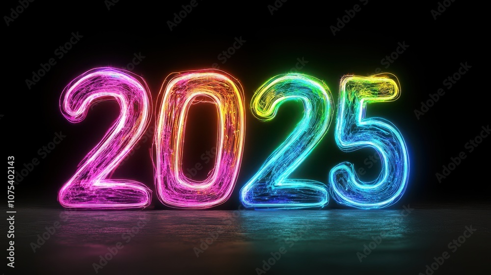 Brightly lit 2025 numerals in vibrant neon colors against a dark backdrop, symbolizing hope and new beginnings Brightly lit 2025 numerals in vibrant neon colors against a dark backdrop, symbolizing hope and new beginnings