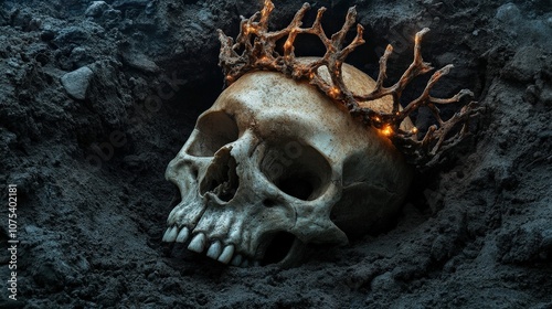A weathered skull with a crown of flames rests on dark soil, symbolizing mortality and power, evoking a sense of mystery and ancient history in its presentation.