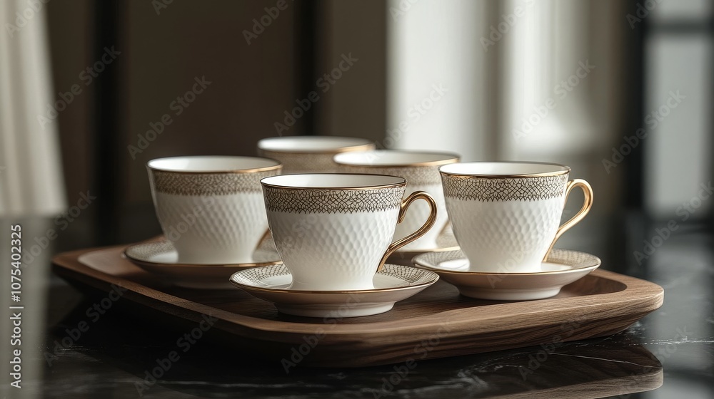 A set of elegant white and gold tea cups arranged on a wooden tray, perfect for serving guests. A set of elegant white and gold tea cups arranged on a wooden tray, perfect for serving guests.